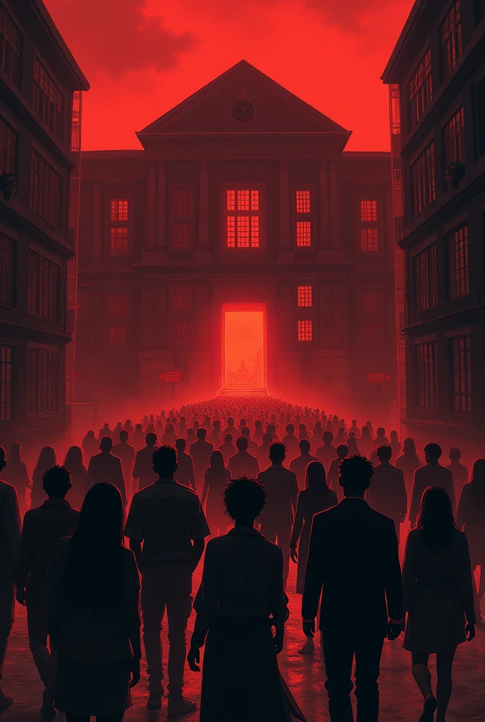 Give me the image of a school in dark red tone undergoing an educational reform and the students leave the school with crying faces