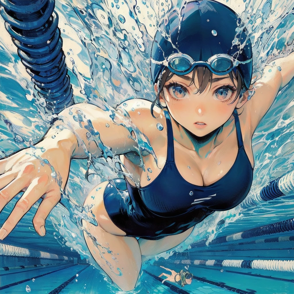  masterpiece, (textured skin), best quality, gorgeous beautiful girl, (a female swimming athlete), detailed clothes,large breasts,narrow waist,, (beautiful face), cinematic lighting, (at swimming venue ),