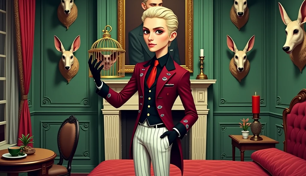 This image has to be in cartoon form a man with fair skin like a vampire he is not a vampire black eyes blond hair he is a very handsome man wearing a black shirt a red tie a wine colored suit with eye details drawn he is wearing white pants with black stripes and black shoes and black latex gloves in his left hand he is holding a golden cage with the albino bat inside the house it has a very morbid decoration mixed with gothic tones and the art of the noveu with a palette of unnatural tones on the wall heads of stuffed animals in the center of it there is a fireplace and a bedside table on the right side of the room there is a cup with green tea and on a table on the left side of the room a carnivorous plant and in the center of the fireplace and just above the fireplace there is a portrait of this character but her husband