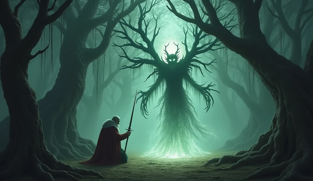 an ancient spirit of the forest, revealed his true form—a being of light and shadow, representing the balance between life and death.
Talking to the king
The king is an old wise man, dressed in regal but worn-out attire, holding a sword
They both are standing in the middle of The trees have an almost eerie presence, their roots twisted and gnarled, reaching deep into the earth.
The king now weakened and humbled, fell to his knees as the spirits continued their lament.