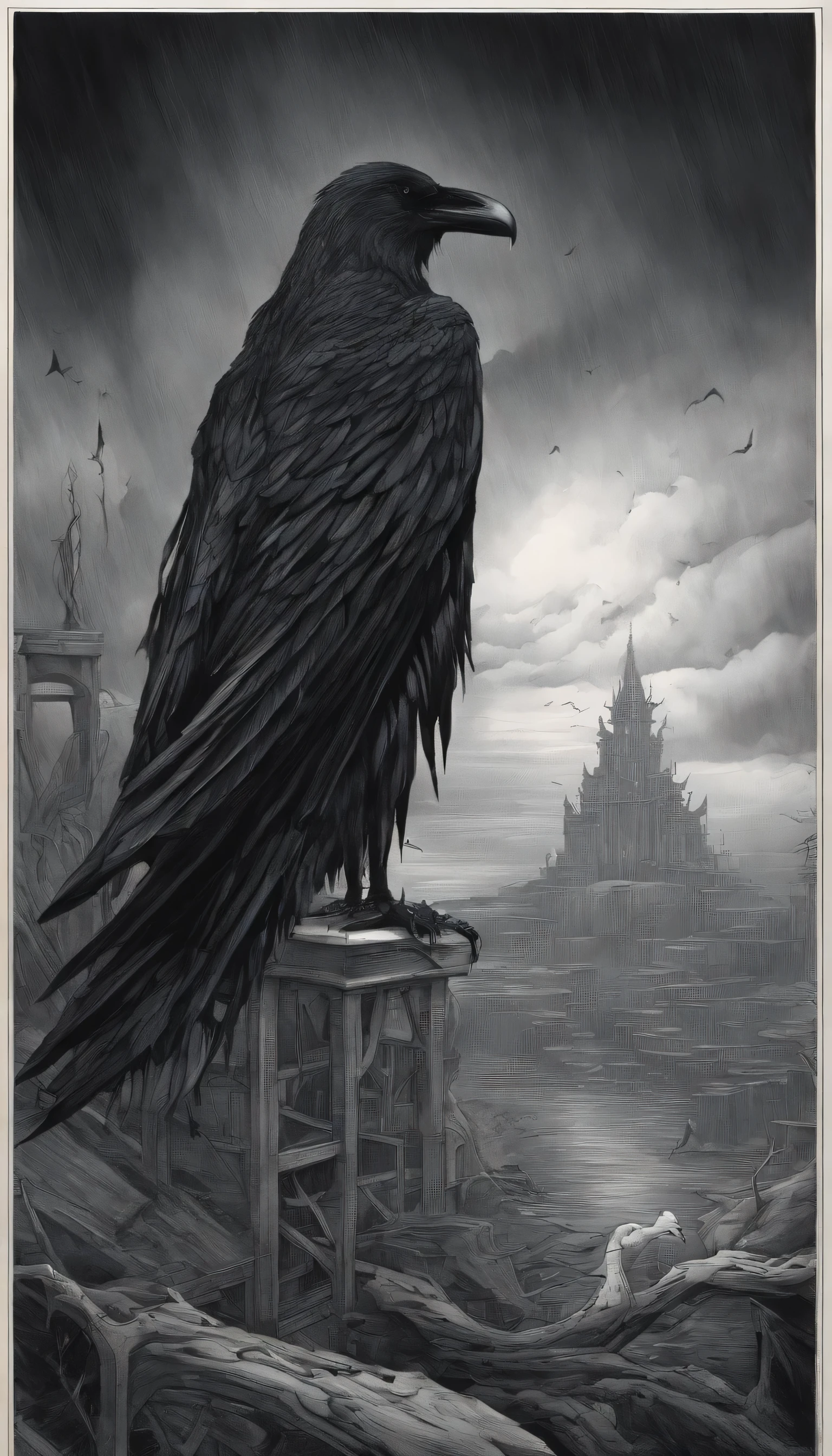 A towering dark fortress looms against a stormy sky, where the Angel of Death, an ethereal yet captivating crow, spreads his immense, shadowy wings. His presence is both alluring and terrifying, with souls wailing in agony as they spiral around his in a fiery, chaotic dance. The air is thick with the heat of flames, casting an eerie glow on his seductive, yet ominous form, as he beckons the lost souls with a hauntingly beautiful allure.