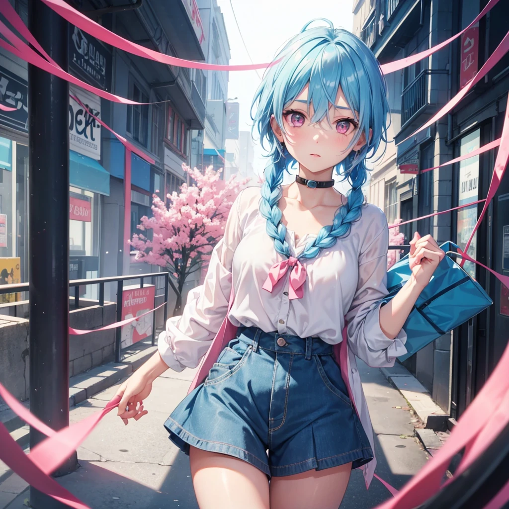 (Sky blue hair),(Braided Short Hair), (Pink Eyes),Fair skin) ,(whole body),(one person's),(Embarrassing),(The background is a school classroom,blackboard),(Heart-shaped chocolate),(I will pass it forward with both hands.),(Sailor suit),(Valentine's Day),(masterpiece, 最high quality, Very detailed, Best Shadow), (Detailed Background), (Beautifully detailed face), High Contrast, (Best lighting, Very delicate and beautiful), ((Cinematic Light)), Hyper Detail,8k, Dramatic Light, Intricate details,high quality
