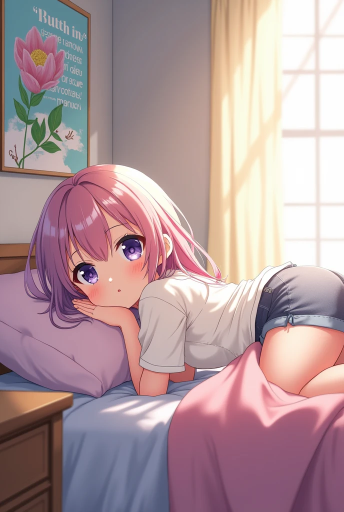 Anime girl looking at a poster from her bed