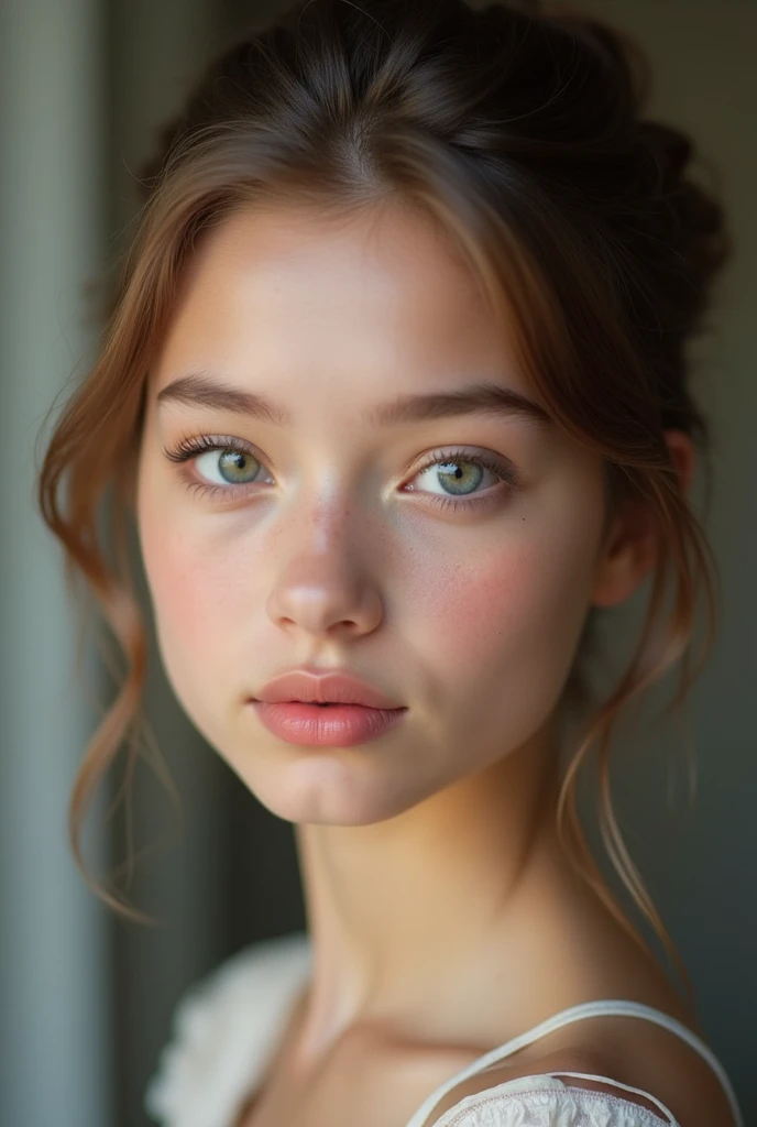 "A 16-year-old girl with a graceful and elegant appearance. She has attractive, expressive eyes, and her lips are delicately shaped. Her hair is styled beautifully and frames her face. The background is blurred to highlight her features, creating a soft and artistic effect."