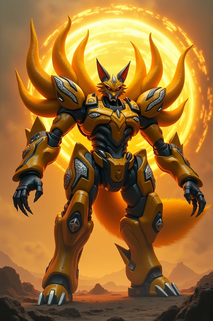 Make a dark yellow fox power ranger zord with 45 tails with claws