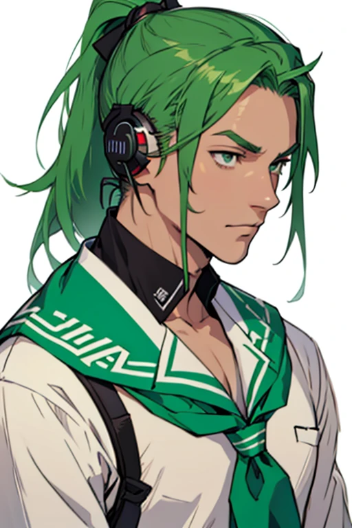 Green Hair、ponytail、Man wearing headphones、White frilly neckerchief、