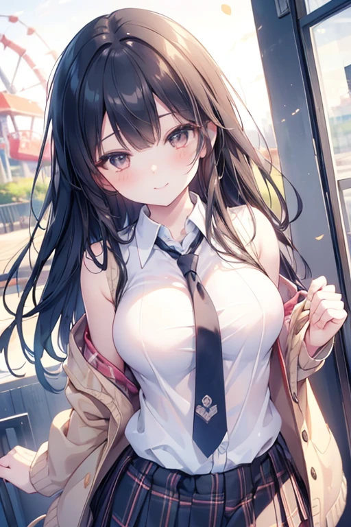 (best quality, masterpiece, ultra-detailed, perfect pixels), (UHD, RTX, 4k wallpaper, japanese anime, CG smooth, textured skin, realistic texture, natural light), 1girl, rio, seductive, busty, perfect body, bangs, long hair, black hair,silver eyes,blushing face (close-up, pov, dynamic pose), sly smile, beautiful smile, nipslip, medium breasts, blush, (school uniform, jacket, necktie, cardigan, plaid skirt), outdoor, amusement park, leaning forward