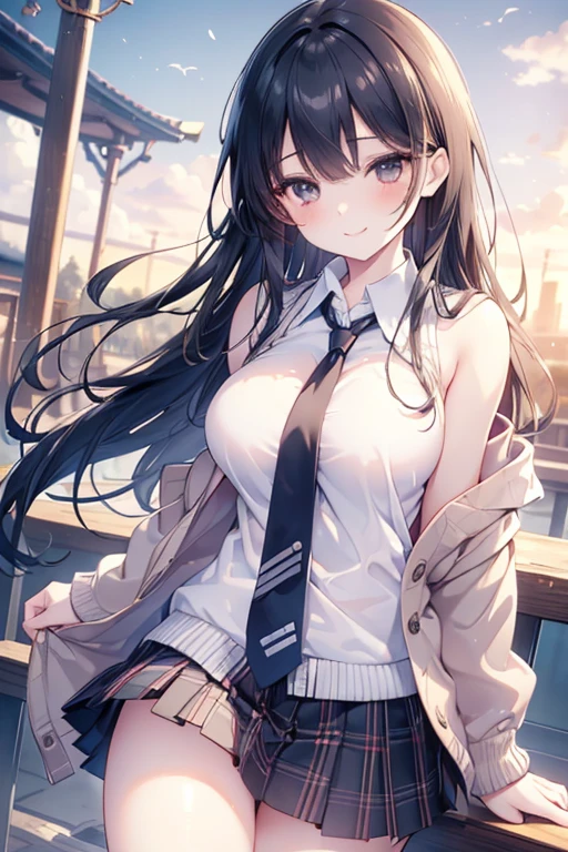 (best quality, masterpiece, ultra-detailed, perfect pixels), (UHD, RTX, 4k wallpaper, japanese anime, CG smooth, textured skin, realistic texture, natural light), 1girl, rio, seductive, busty, perfect body, bangs, long hair, black hair,silver eyes,blushing face (close-up, pov, dynamic pose), sly smile, beautiful smile, nipslip, medium breasts, blush, (school uniform, jacket, necktie, cardigan, plaid skirt), outdoor, amusement park, leaning forward