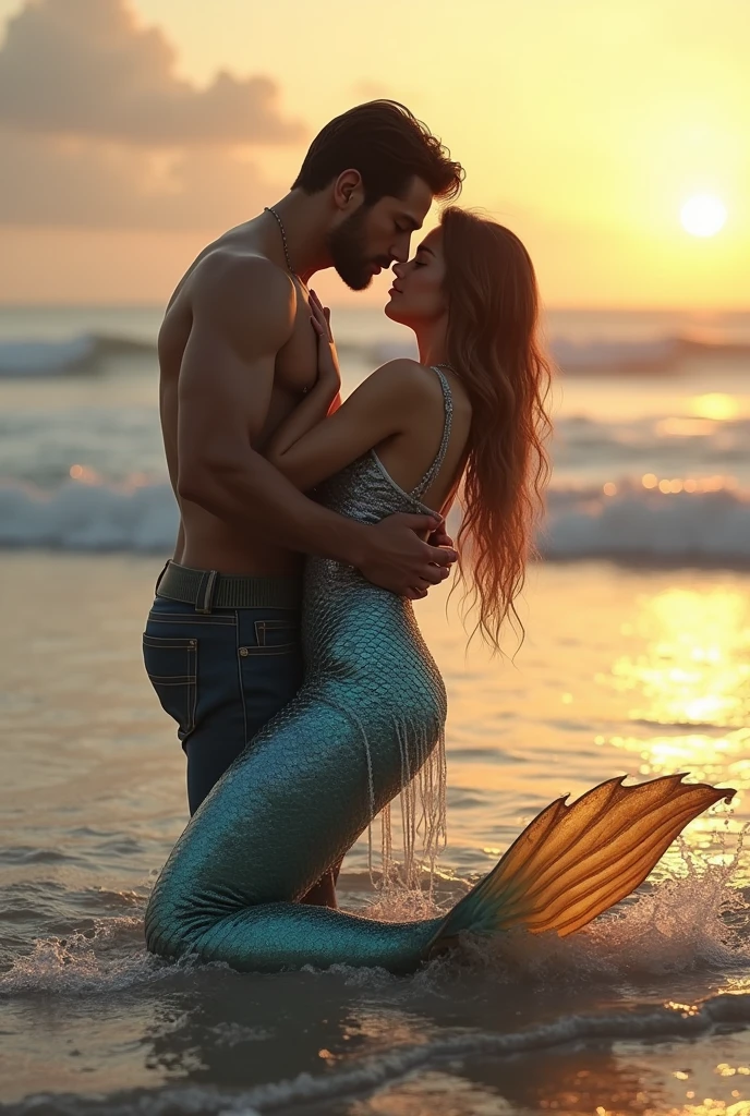 A man hugging a mermaid from behind。Maybe two people in love。It&#39;s a back hug！人魚姫をI&#39;ll hug you from behind！！Please leave it on the ground later.！！
I&#39;ll hug you from behind！！Don&#39;t face it！！
A human man hugging a mermaid from behind。The man and the mermaid are at the beach。
