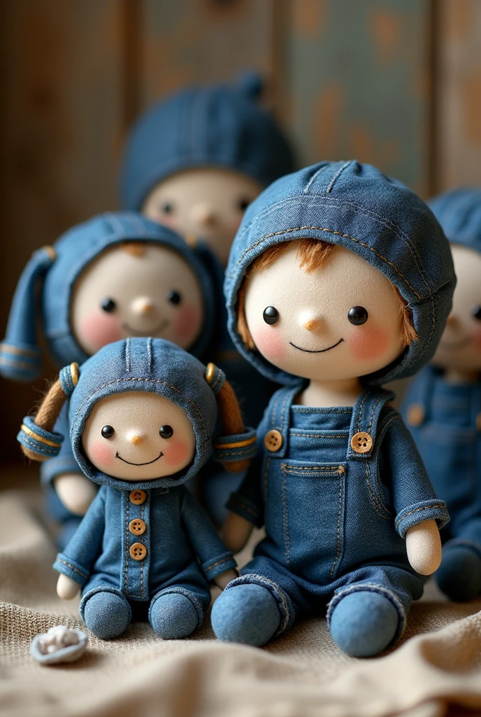 Create image of dolls made with denim scraps 