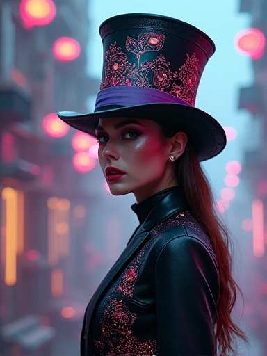 Create a visually striking image that blends the whimsical essence of Alice in Wonderland with an ultra hot gorgeous European woman mad hatter at the center, surrounded by experimental cyberpunk elements. Incorporate vibrant neon colors, intricate mechanical designs, and surreal landscapes. The mad hatter should wear an extravagant, tech-inspired hat, with glowing patterns reflecting the chaos of his world. Infuse the scene with a dreamlike atmosphere, merging fantasy and futuristic aesthetics in a captivating way.