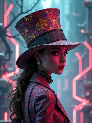 Create a visually striking image that blends the whimsical essence of Alice in Wonderland with an ultra hot gorgeous European woman mad hatter at the center, surrounded by experimental cyberpunk elements. Incorporate vibrant neon colors, intricate mechanical designs, and surreal landscapes. The mad hatter should wear an extravagant, tech-inspired hat, with glowing patterns reflecting the chaos of his world. Infuse the scene with a dreamlike atmosphere, merging fantasy and futuristic aesthetics in a captivating way.