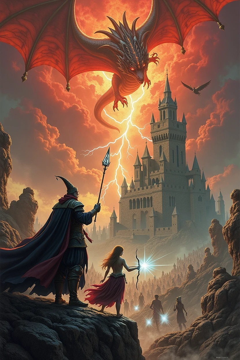 A card, intricate detailed Tarot illustration, Tarot, Tarot "The word", Card title text "twenty-one", Card footer text "world", Text font style medieval, In a vast expanse of red clouds,A huge three-headed dragon hovers in the storm clouds,The flapping of its wings creates waves of heat。In the background is an old wizard's castle that is crumbling.,The castle's stone tower is entwined with green vines,As if trying to maintain the last bit of life。Lightning and thunder in the sky,A flash of lightning split the sky,Illuminating the battlefield on the ground。
On the battlefield,Thousands of warriors in shining armor,Holding a variety of radiant magic weapons,Fighting a huge army of dark creatures。These creatures are of various shapes and forms,Some are like wolves,Some walk upright like humans.,But all covered with shocking black fog。
In the center of the battlefield,A magnificent wizard king holds an ancient wand inlaid with brilliant gems,It is using it to summon a powerful storm to push back the enemy.。Beside the Wizard King,was his loyal protector and advisor—a tall,Female elf wearing a gorgeous cloak,She is shooting silver arrows from her bow,Pierce the dark creatures that come to invade。
In this various forces,Another team consists of mysterious walkers、An alliance of dwarven craftsmen and flying elves,They are carrying a mysterious magic box and slowly advancing towards the center of the battlefield.。This box is said to contain the power of salvation,Can end this war that has lasted for a thousand years。
Every corner of the screen is filled with fierce fighting scenes,Mysterious magical elements and an epic storyline,It forms a dreamy and spectacular magical epic scene.。, Floating in the air, ((Infinity symbol background)), Infinity symbol, Ouroboros symbol, Movie Lighting, Dramatic shadows, Bright colors, Rich color palette, surreal Tarot, Mysterious landscape, Sparkling details, Gorgeous pattern