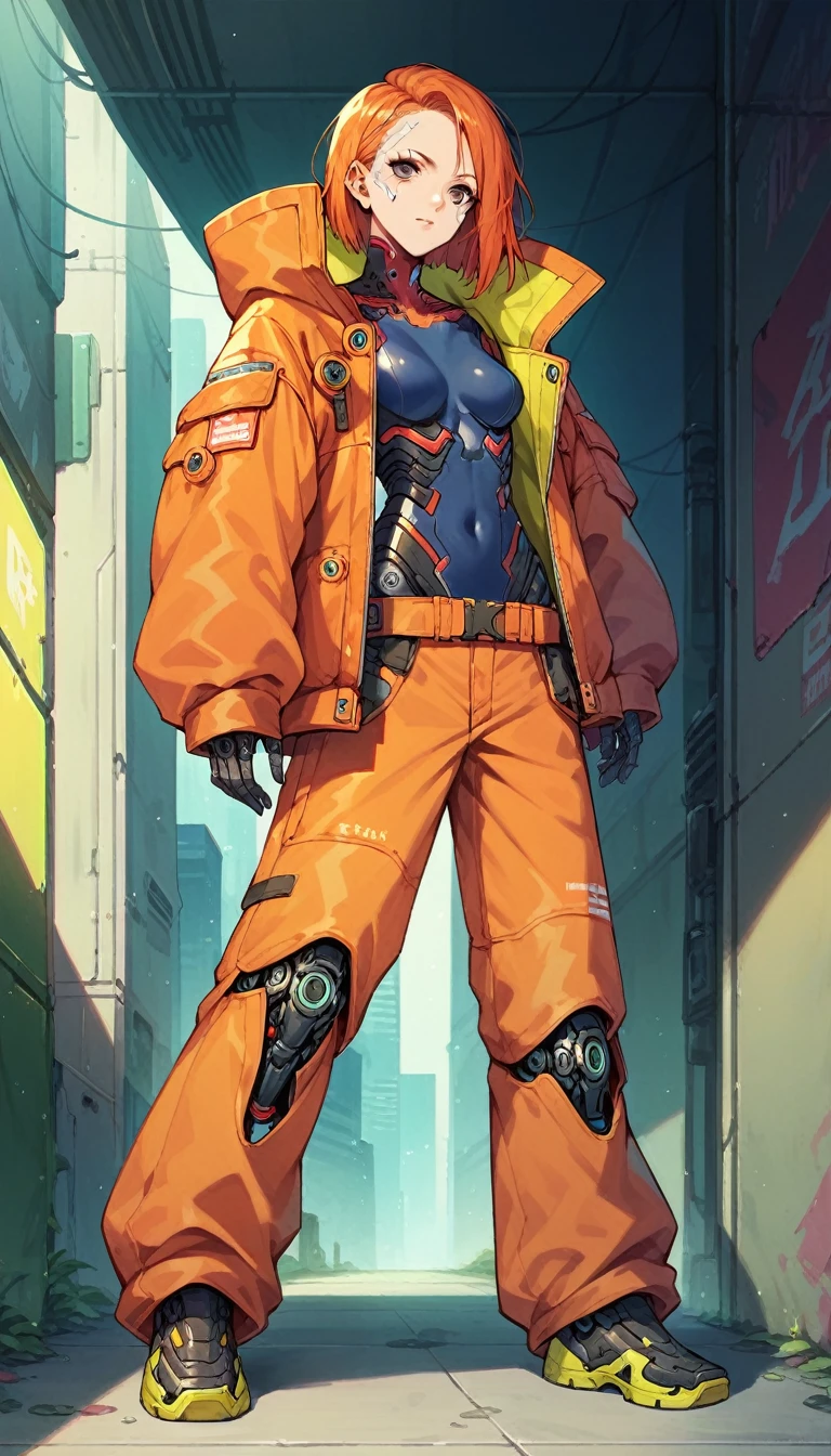 One cyborg anime girl, orange hair, dark eyes, cybernetic body, detailed body, full body, cyberpunk world, anime style