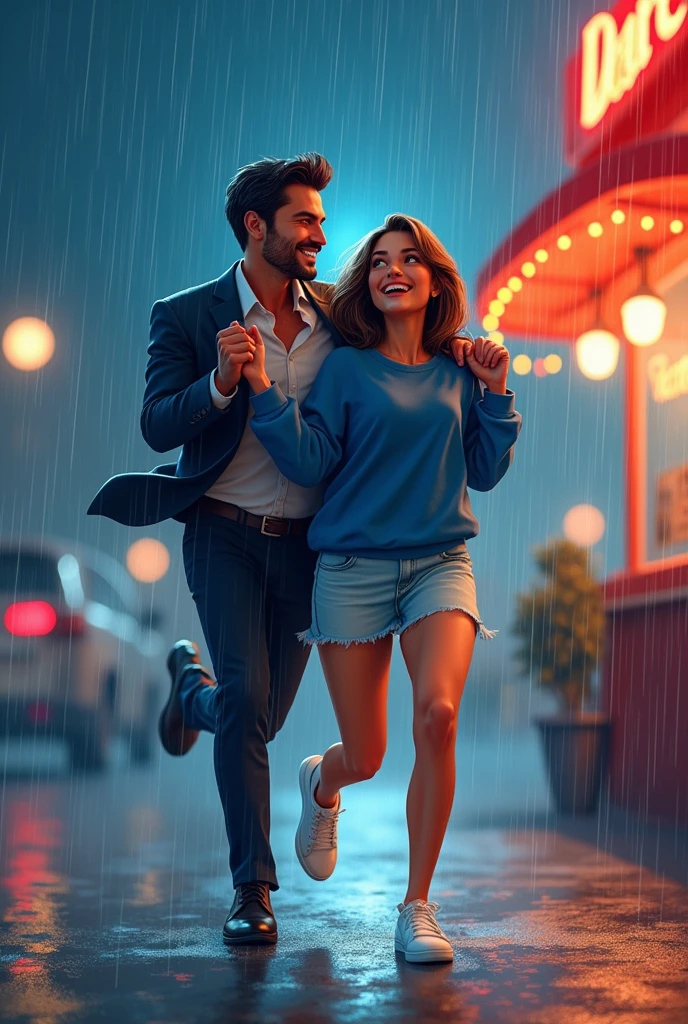 An art for a book cover, One with fair skin, medium length brown hair, light wash denim skirt, blue sweatshirt and white sneakers, and a man wearing formal clothes (Suit) black haired and fair skinned, they are leaving a diner, It&#39;s raining and they are running and smiling. Ele está cobrindo ela com a parte de cima de seu Suit, so she doesn&#39;t get wet. Both are North American. It&#39;s raining heavily and they are running. It&#39;s night and they&#39;re laughing. Remember it&#39;s an animation. She is wearing a skirt, he is covering her. enlarge this image 