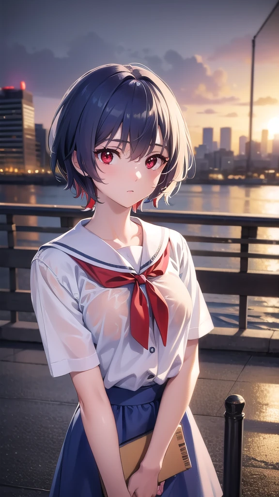 BREAK looking at viewer, BREAK (masterpiece:1.2), best quality, high resolution, unity 8k wallpaper, (illustration:0.8), (beautiful detailed eyes:1.6), extremely detailed face, perfect lighting, extremely detailed CG, (perfect hands, perfect anatomy),city,street,buildings,wet road,soft light,night,rei ayanami, blue hair, short hair, (red eyes:1.5),
blue dress, dress, neck ribbon, pinafore dress, red ribbon, ribbon, school uniform, short sleeves, short-sleeved sweater, sweater,upper body,wet uniform,nipples see through.