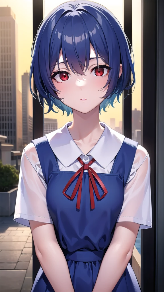 BREAK looking at viewer, BREAK (masterpiece:1.2), best quality, high resolution, unity 8k wallpaper, (illustration:0.8), (beautiful detailed eyes:1.6), extremely detailed face, perfect lighting, extremely detailed CG, (perfect hands, perfect anatomy),city,street,buildings,wet road,soft light,night,rei ayanami, blue hair, short hair, (red eyes:1.5),
blue dress, dress, neck ribbon, pinafore dress, red ribbon, ribbon, school uniform, short sleeves, short-sleeved sweater, sweater,upper body,wet uniform,nipples see through.