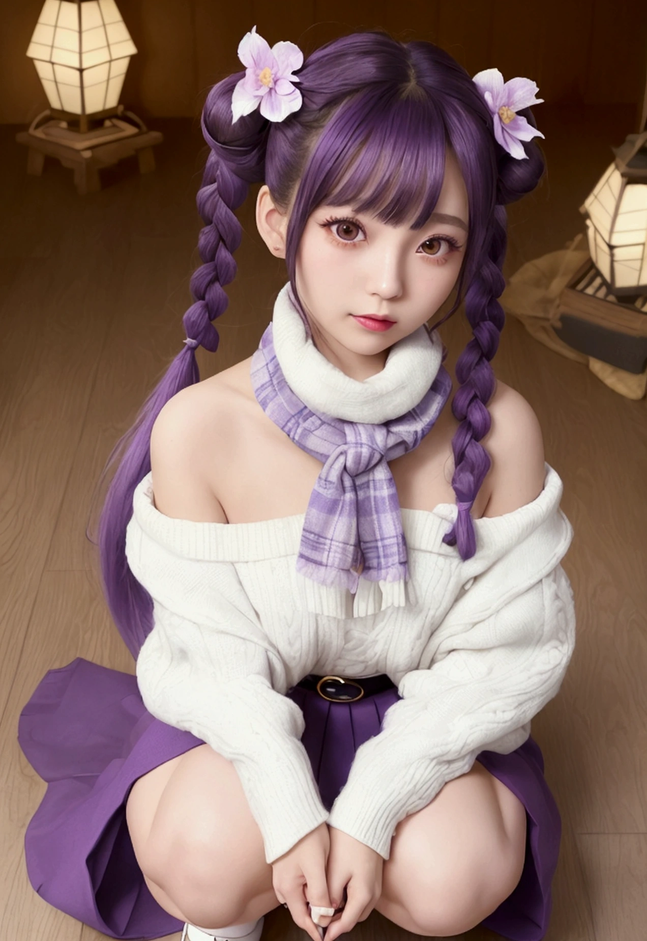 (Realistic painting style:0.9), masterpiece, Highest quality, Absurd, View your viewers, alone, Stingy (Lantern Ceremony) (Genshin Impact), Stingy (Genshin Impact), Hair Bun, skirt, scarf, purple sweater, white skirt, Purple Hair, sweater, Twin tails, Purple eyes, Diamond-shaped pupils, hair ornaments, Exposing shoulders, smile, chest, cone Hair Bun, Long Hair, belt, Double Bang, Long sleeve, bangs, bow, Hair Flower, hair bow,ribbon, hair ribbon, Braiding, Plaid scarf, Plaid, Off the shoulder、かなり大きなchest、Crouching、White panties are visible、With legs apart