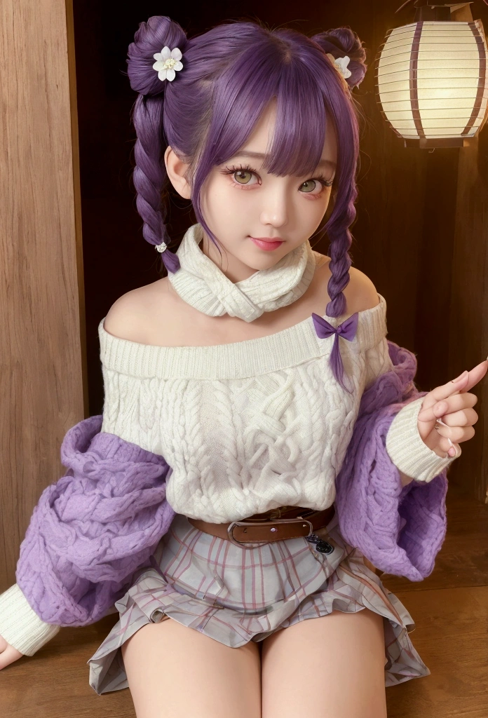 (Realistic painting style:0.9), masterpiece, Highest quality, Absurd, View your viewers, alone, Stingy (Lantern Ceremony) (Genshin Impact), Stingy (Genshin Impact), Hair Bun, skirt, scarf, purple sweater, white skirt, Purple Hair, sweater, Twin tails, Purple eyes, Diamond-shaped pupils, hair ornaments, Exposing shoulders, smile, chest, cone Hair Bun, Long Hair, belt, Double Bang, Long sleeve, bangs, bow, Hair Flower, hair bow,ribbon, hair ribbon, Braiding, Plaid scarf, Plaid, Off the shoulder、かなり大きなchest、Crouching、White panties are visible、With legs apart