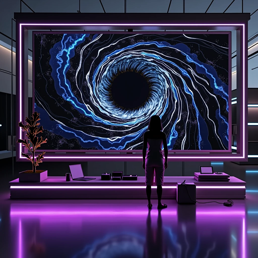 a presentation screen with a black hole displayed only. in a futuristic room.