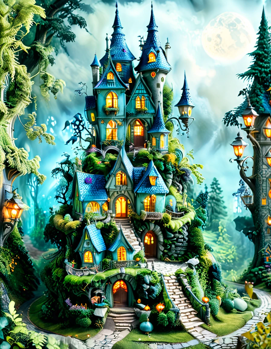 Masterpiece, high quality, best composition, blue house with spires in the woods, fantasy house, beautiful house on forest path, beautiful details and colors, spooky mansion, fairy tale place, scary castle, mysterious, witch's hut in the woods.