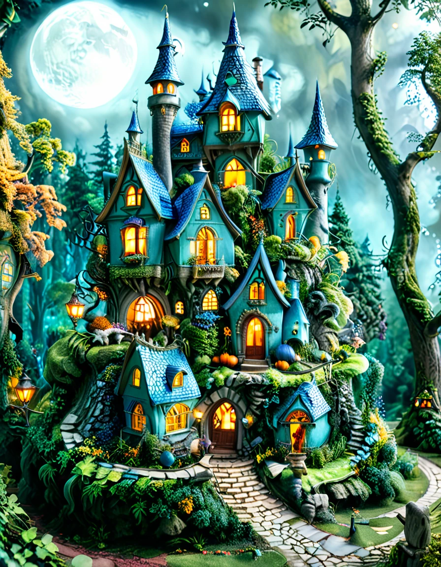 Masterpiece, high quality, best composition, blue house with spires in the woods, fantasy house, beautiful house on forest path, beautiful details and colors, spooky mansion, fairy tale place, scary castle, mysterious, witch's hut in the woods.
