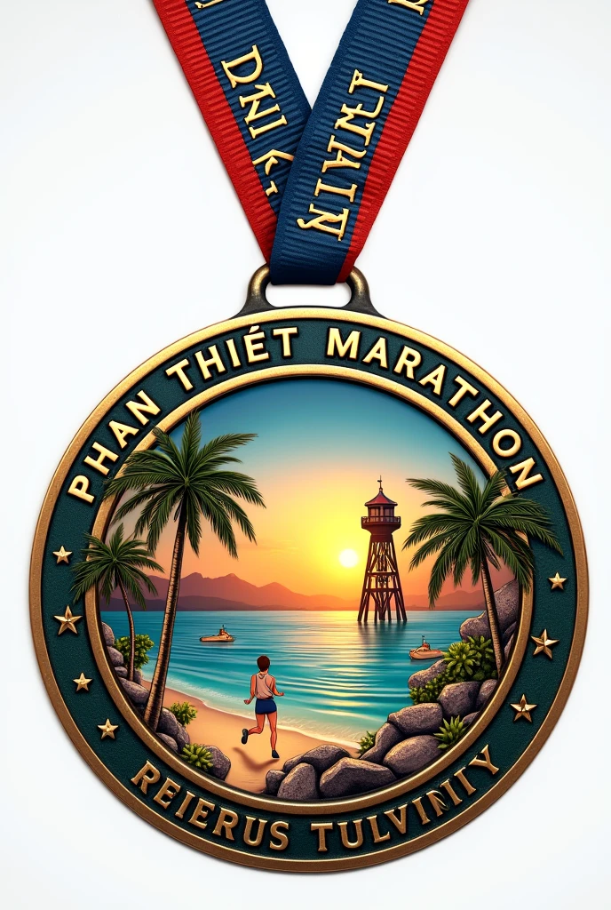 Create Medal (medal) Phan Thiet Marathon Medal image shows the words Phan Thiet Marathon and Phan Thiet City, have blue sea, white sand, golden sunshine, coastal road, coconut tree, water tower.