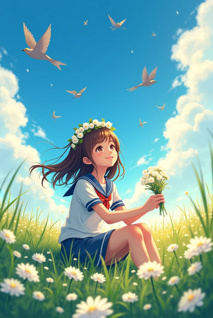 A high school girl wearing a flower crown sitting in a flower-filled meadow、The season is spring、Wearing a uniform、There are birds flying around、Warm spring light、The sky is blue、Cute atmosphere illustration、Uniforms are Brother、Flowers are clover、The wind is blowing、Illustrations that give a sense of movement、Sitting like a girl、Smiling at the sky、Strong contrast、Illustrations that convey the atmosphere of spring、A little bird's-eye view、So that you can feel the flowers blooming in full glory.、She's handing me flowers、Looking this way、The bird is a little bigger.、A little closer look at、Flowers are placed in the foreground to create a sense of perspective.