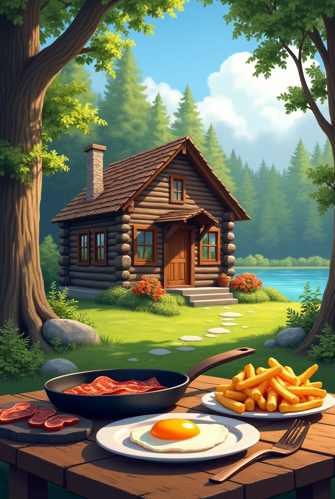 The image shows a wooden cabin in the woods with a table in front of it. On the table, there are two frying pans with food items, one with a fried egg and the other with bacon. There is also a plate of french fries on the table. The cabin is made of logs and has a sloping roof and a chimney. The background is filled with trees and there is a body of water visible in the distance. The overall mood of the image is peaceful and serene.