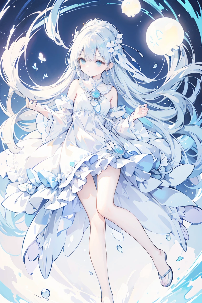 elegant,Holding a folding fan,fullbody,(Soft colors), (muted colors), (high quality render), light blue moon jellyfish personified, dainty, pearls, white color theme, ((illustration))