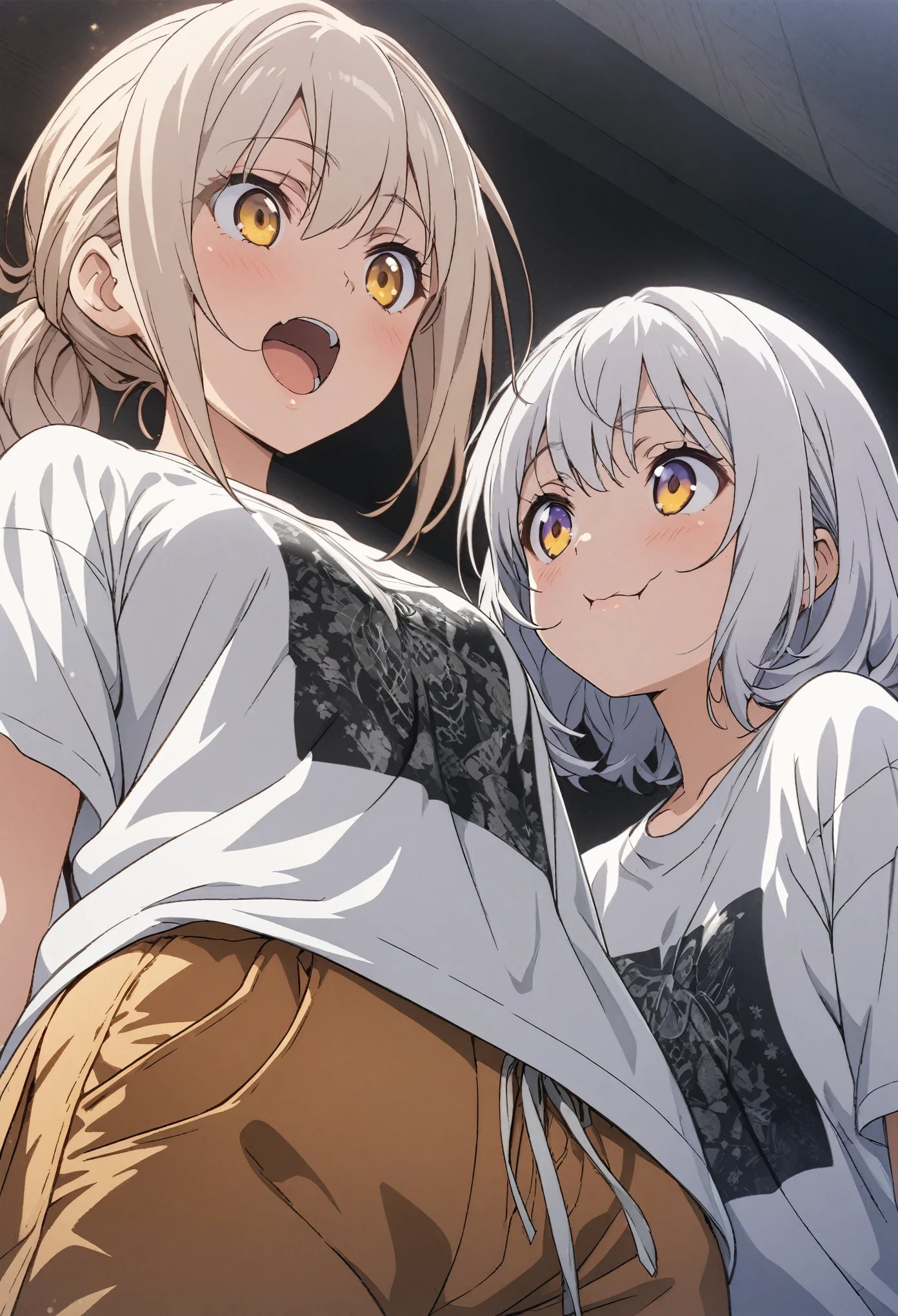Two people, masterpiece, Highest quality, Highly detailed CG Unity 8k wallpaper, High Girl Anime Illustration. Wear an oversized t-shirt and oversized pants、Keep your hands in your pants pockets, The background is a simple single color。white hair color, Yellow Eyes, Laugh with your eyes closed and your mouth wide open, Angle looking up from below, The girl is looking down