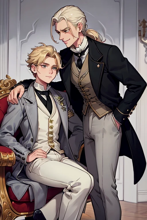 male, blonde long hair in ponytail, gold eyes, (((1boy))), (((grey Victorian coat))), (white dress shirt), (green pants), (black dress shoes), (red tie), handsome, long legs, smiling, single person