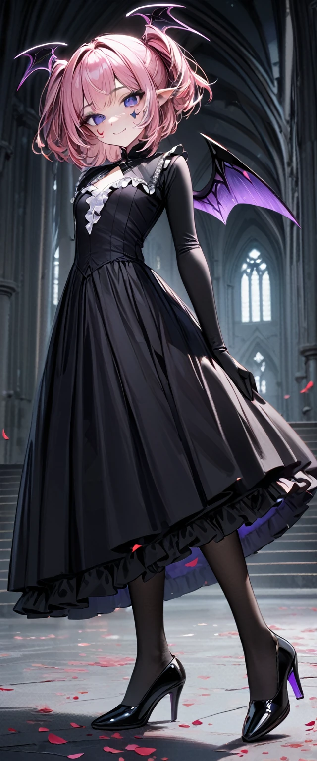 UHD, masterpiece, best quality, extremely detailed, anatomically correct, sharp focus, Midnight, gloomy atmosphere, Church, altar isle, 1girl, solo, camilavtuber, pink hair, short hair, shoulder length hair, (black head wings), (twin ponytail), PURPLE EYES, PURPLEIRIS, (facial mark), smiling, black arm sleeves, slim arms, black gloves, small chest, 1 devil wing, single wing, ((long black gown)), frilly gown, slim legs, black stockings, (black high heels), (full body) , (close-up), innocent pose, eye-level shot, front view, innocent pose, scattered pink petals