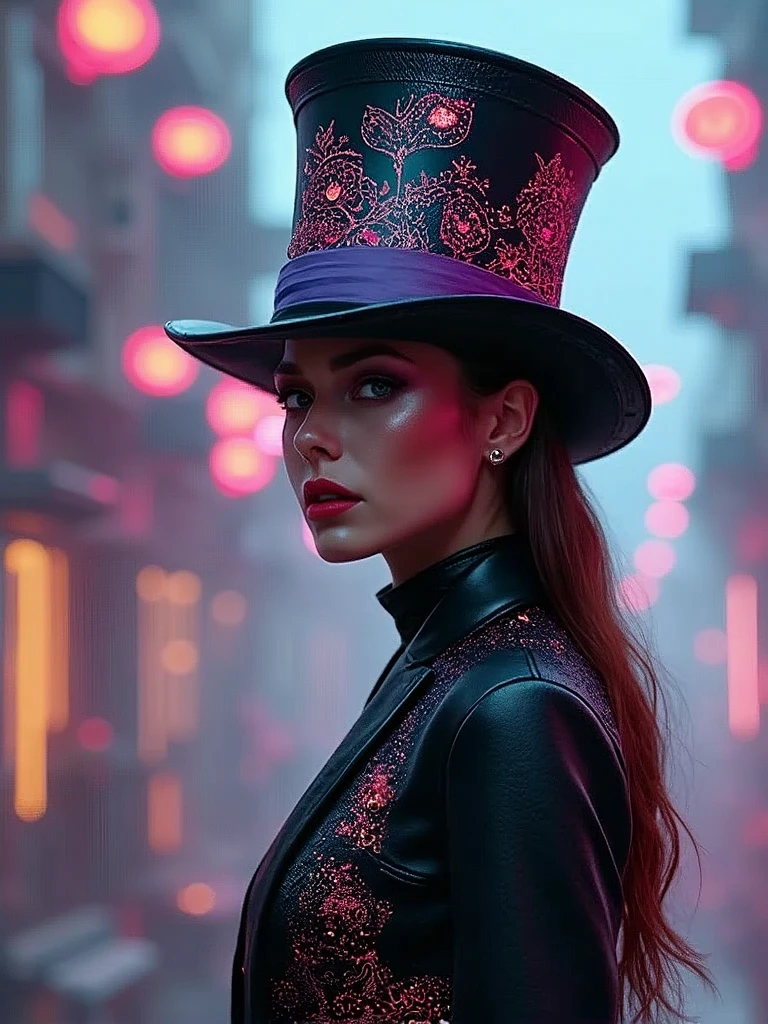 Create a visually striking image that blends the whimsical essence of Alice in Wonderland with an ultra hot gorgeous European woman mad hatter at the center, surrounded by experimental cyberpunk elements. Incorporate vibrant neon colors, intricate mechanical designs, and surreal landscapes. The mad hatter should wear an extravagant, tech-inspired hat, with glowing patterns reflecting the chaos of his world. Infuse the scene with a dreamlike atmosphere, merging fantasy and futuristic aesthetics in a captivating way.