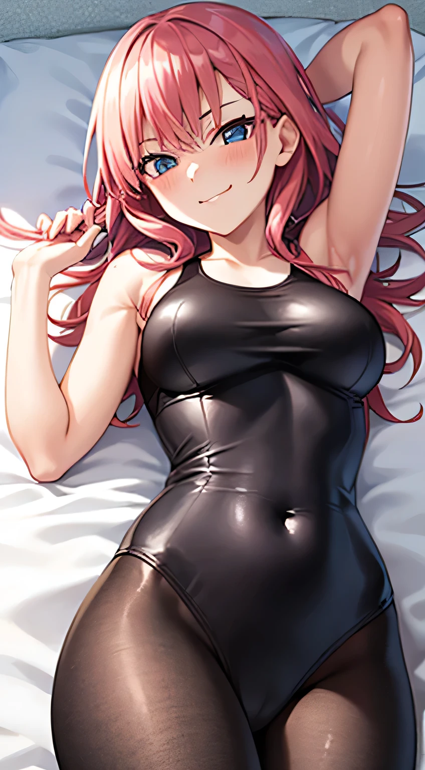 2D, masterpiece, Highest quality, anime, Very detailed, One girl, alone, Cowboy Shot, Nakano Ichika, Pink Hair, Long Hair, Lying in bed, Proud face:1.3, Place your hands behind your head, Black Swimsuit:1.3, Medium chest, Medium Clubbing:1,3,