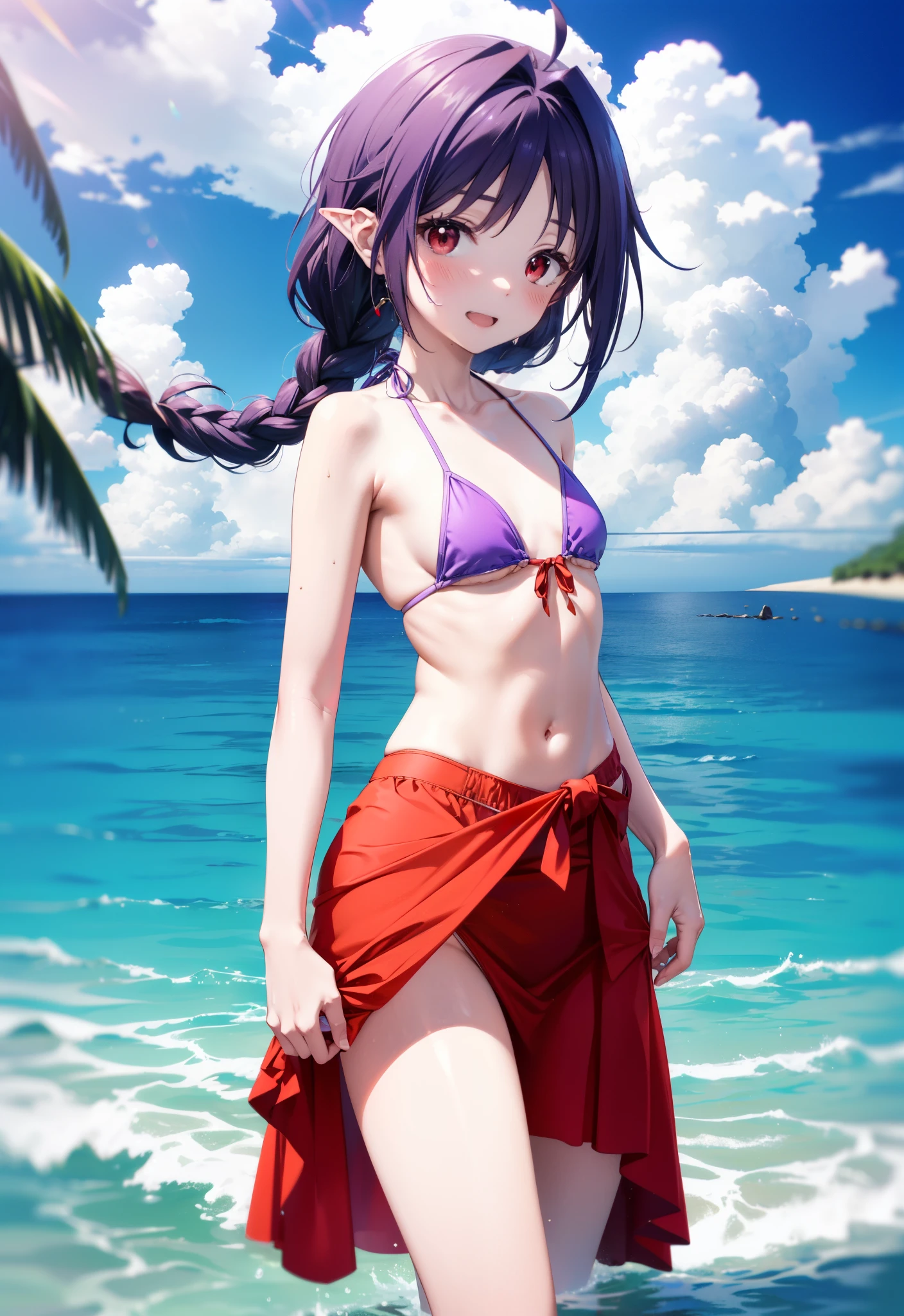 yuukikonno, Yuuki Konno, hair band, Ahoge,Long, thick braids, Pointed Ears, Purple Hair, (Red eyes:1.5), (Small breasts:1.2), smile,blush,Open your mouth,Purple bikini string swimsuit,Pareo Swimsuit,Belly button,A light red long skirt is tied around her waist.,barefoot,Water Play,Daytime,Clear skies,True Summer,whole bodyがイラストに入るように,Sandy Beachを散歩している,
break looking at viewer, whole body,  (Cowboy Shot:1. 5),
break outdoors, Beach,Sandy Beach,
break (masterpiece:1.2), Highest quality, High resolution, unity 8k wallpaper, (figure:0.8), (Beautiful attention to detail:1.6), Highly detailed face, Perfect lighting, Highly detailed CG, (Perfect hands, Perfect Anatomy),