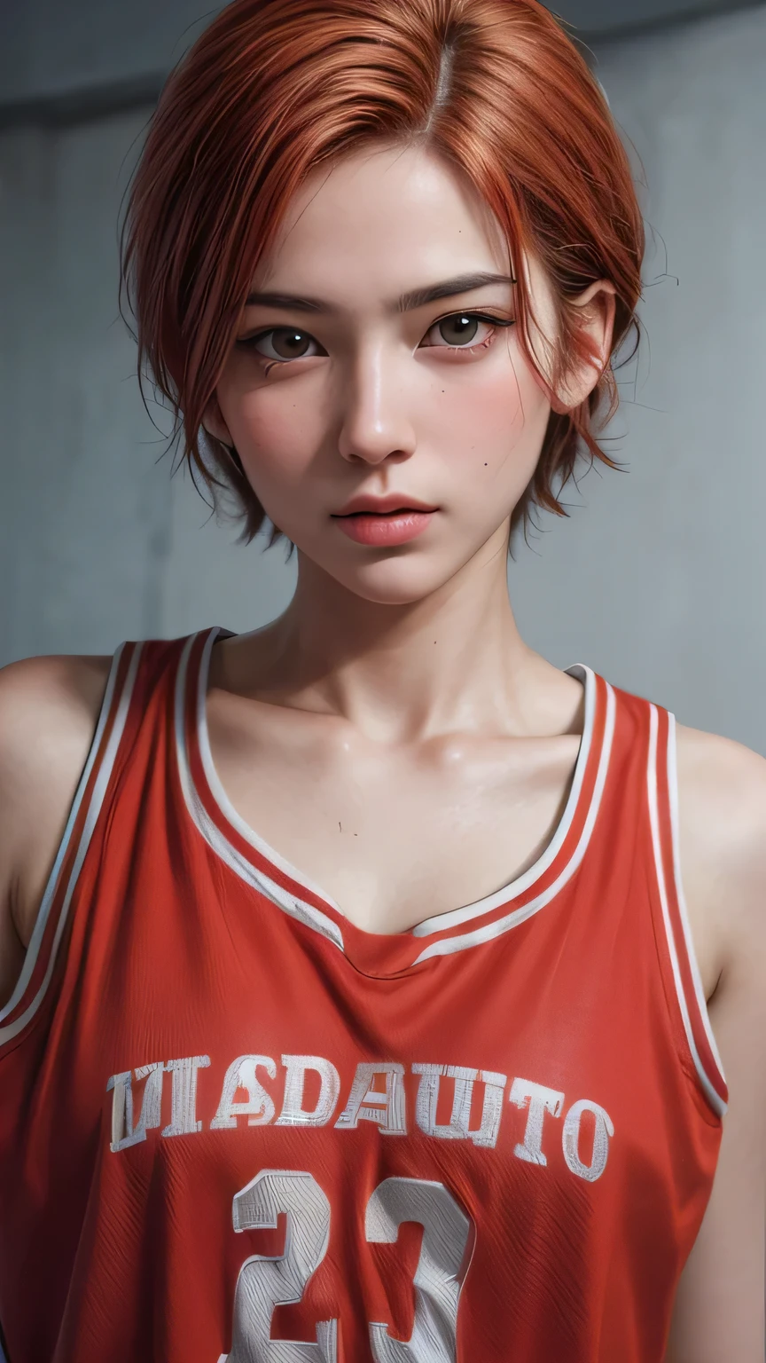 (masterpiece, best quality:1.5),
(photorealistic, RAW photo : 1.4),
(1girl), ( medium shot, professional portrait :1.5),
beautiful face, (realistic face),
beautiful hairstyle,
realistic eyes,
beautiful detailed eyes,
(realistic skin), beautiful skin,
absurdres, attractive,
ultra high res, ultra realistic, highly detailed,
golden ratio, Sakuragi Hanamichi1, red hair, short hair, pompadourshirt, buzz cut, basketball uniform,