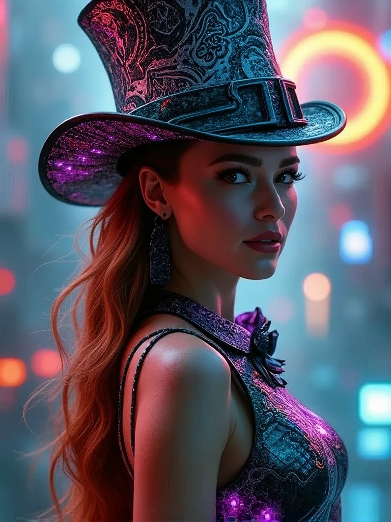 Create a visually striking image that blends the whimsical essence of Alice in Wonderland with an ultra hot gorgeous European woman mad hatter at the center, surrounded by experimental cyberpunk elements. Incorporate vibrant neon colors, intricate mechanical designs, and surreal landscapes. The mad hatter should wear an extravagant, tech-inspired hat, with glowing patterns reflecting the chaos of his world. Infuse the scene with a dreamlike atmosphere, merging fantasy and futuristic aesthetics in a captivating way.