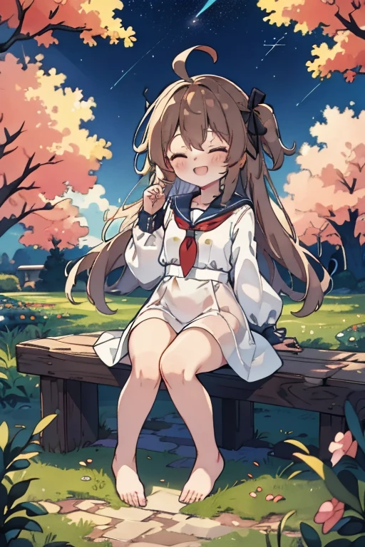 :best quality, 1girl, solo, (atori:1.2), __posture__, long hair, very long hair, brown hair, ribbon, black ribbon, hair ribbon, bangs, ahoge, two side up, hair between eyes, red eyes, sailor dress, sleeves past wrists, long sleeves, dress, sailor collar, white dress, blue sailor collar, see-through, collarbone, wide sleeves, neckerchief, red neckerchief, red necktie, bare legs, barefoot, small breasts, breasts, cowboy shot, __looking__, __expression__, __background__. __posture__:standing\nstanding\n(contrapposto:1.1)\n(contrapposto:1.2)\n(sitting:1.1)\n(sitting:1.2)
__looking__:looking_at_viewer\nlooking_at_viewer\nlooking_at_viewer\nlooking_at_viewer\nlooking_back
__expression__:smile/nsmile/nsmile/nsmile, open_mouth/nsmile, closed_eyes/nopen_mouth/nshy/nlaughing/nangry/nevil/nlonely/ncrying
__background__:outdoors, starry sky, night sky, sunset\nnight, night sky, cloudy sky, meteor, planet, cloud, star (sky), (starry sky:1.2)\n(outdoors), day, blue sky, cloud, nature, tree\noutdoors, day, blue sky, cloud, water\noutdoors, day, grass\ncherry blossoms, tree, outdoors, shooting star, petals, cloud\noutdoors, city, cityscape, scenery, building