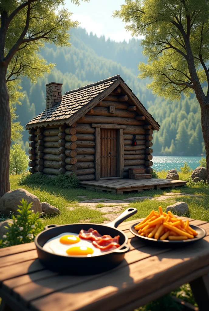 The image shows a wooden cabin in the woods with a table in front of it. On the table, there are two frying pans with food items, one with a fried egg and the other with bacon. There is also a plate of french fries on the table. The cabin is made of logs and has a sloping roof and a chimney. The background is filled with trees and there is a body of water visible in the distance. The overall mood of the image is peaceful and serene.