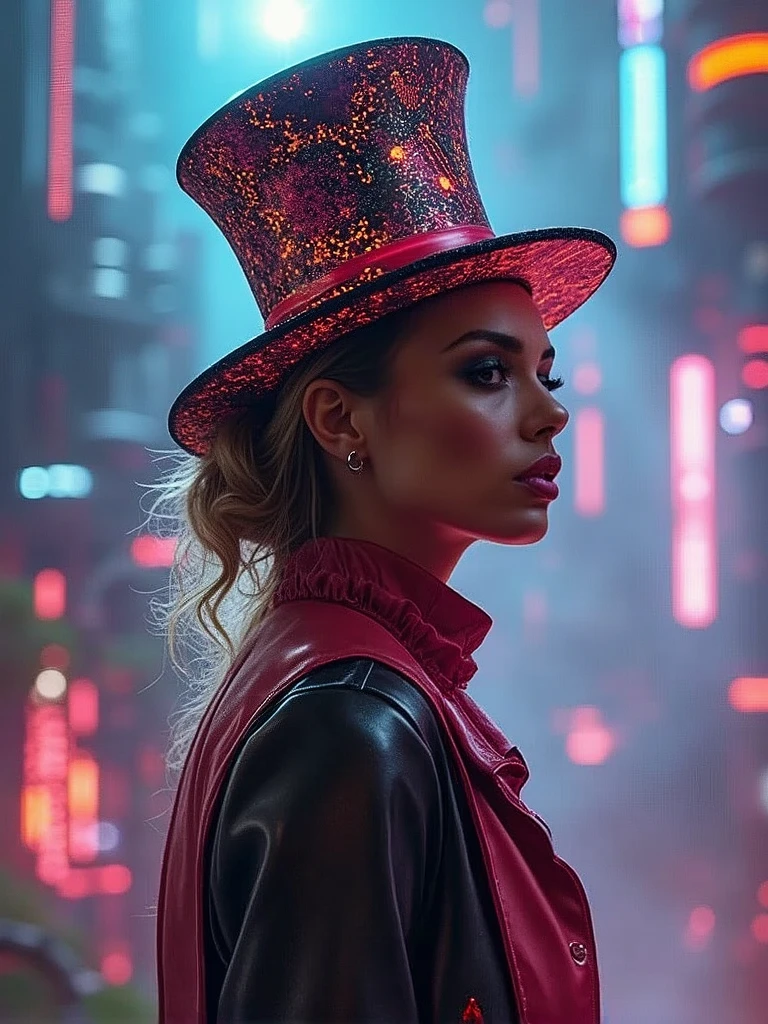 Create a visually striking image that blends the whimsical essence of Alice in Wonderland with an ultra hot gorgeous European woman mad hatter at the center, surrounded by experimental cyberpunk elements. Incorporate vibrant neon colors, intricate mechanical designs, and surreal landscapes. The mad hatter should wear an extravagant, tech-inspired hat, with glowing patterns reflecting the chaos of his world. Infuse the scene with a dreamlike atmosphere, merging fantasy and futuristic aesthetics in a captivating way.