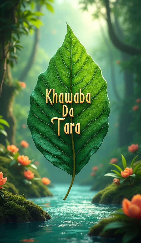 There is a title "Khawaba Da Tara" written with beautiful love font, on a beautiful, and fantasy leaf of a mythological tree. The leaf is falling at the ground in the green jungle at the day. Flowers, rivers showing glamour at the background of the leaf. A 3D, Aesthetic, fantasy poster.