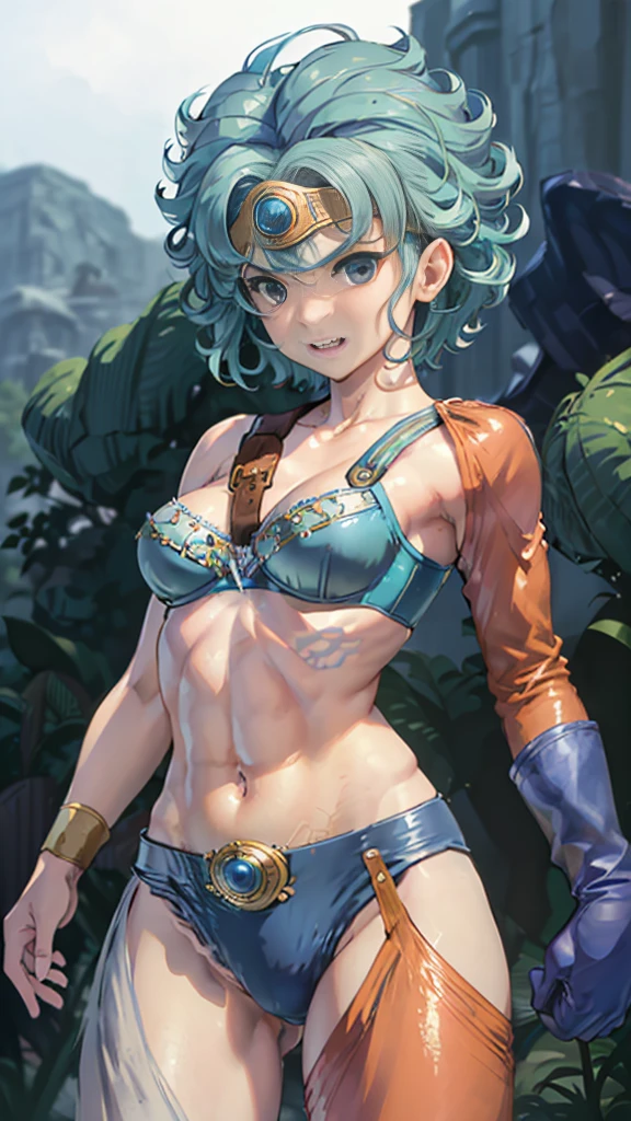 One Girl、High resolution、masterpiece、grit \(DQ4\)、blue Hair、Slender、muscular、low length、Laughter、(((A sexy bra with delicate embellishments、Small white panties with detailed trim)))、Thin thighs、Focus on the thighs、Combat Action、quick kick、Combat Action、Fighting with your feet、Dance action、(((White underwear)))