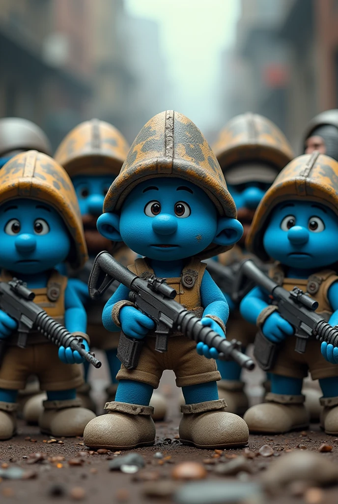 6 smurf’s with helmets and guns from the game rust with papa smurf and grandpa smurf and an african american man with a beard