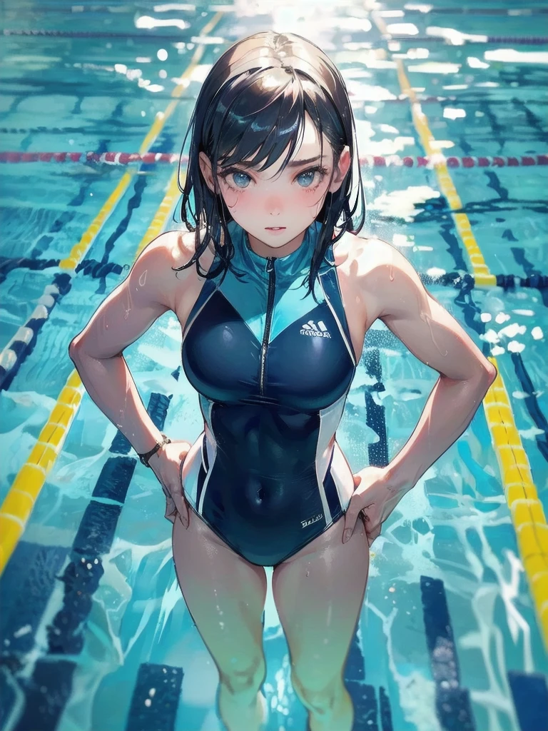 masterpiece, (textured skin), best quality, gorgeous beautiful girl, (a female swimming athlete), detailed clothes,large breasts,narrow waist,, (beautiful face), cinematic lighting, (at swimming venue ),