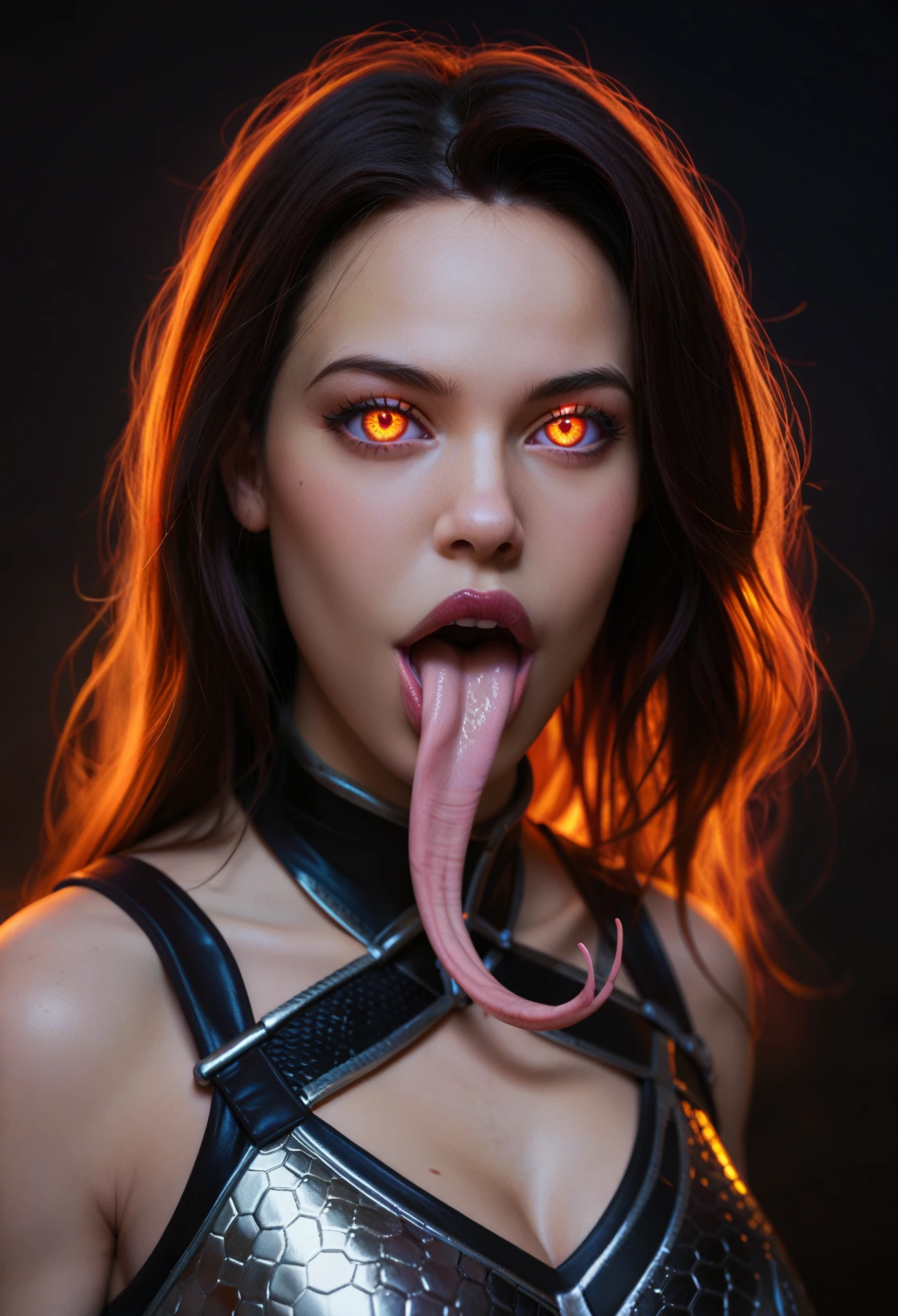 score_9, score_8_up, score_7_up, 1 female medusa alien, A scene from a science fiction movie, beautiful detailed eyes, A third eye on the forehead, beautiful detailed lips, extremely detailed face and eyes, long eyelashes, (long tongue like a snake:1.2), intricate insect-like features, glowing compound eyes, scythe-like forelimbs, alien carapace, vibrant colors, futuristic sci-fi environment, neon lights, glowing energy field, complex technological architecture, dramatic lighting, cinematic atmosphere, award winning digital art, hyper realistic, 8k, high quality, masterpiece, Bioluminescence, Translucent armor, thespiritde, concept art