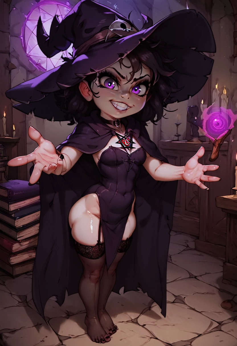 rating_explicit, score_8_up, score_7_up, score_6_up, uncensored, shiny skin, pale skin, cute perfect face, thin body, kid-like proportions, large head with big eyes, thin body, (((witch-hat, short black messy hair))), tiny prepubescent innocent young little witch-girl standing inside huge chalk-drawn pentagram,  (holding occult book in one hand), ((glowing magic light emanating from outstretched palm)), confident stance, confident smirk, ((determined giddy expression)), ((cute feet)), (witchy nylon stockings), gothic skimpy witch-minidress, nylon sleeves, magic necklace, big amazing purple eyes, detailed background, inside dark witch castle background, ((occult chalk lines on stone floor)), low light, (tiny prepubescent child), lit candles