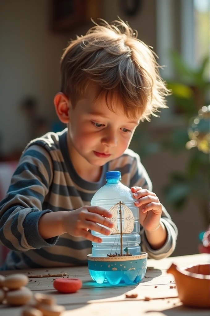 I want an image of a boy making a ship out of a water bottle