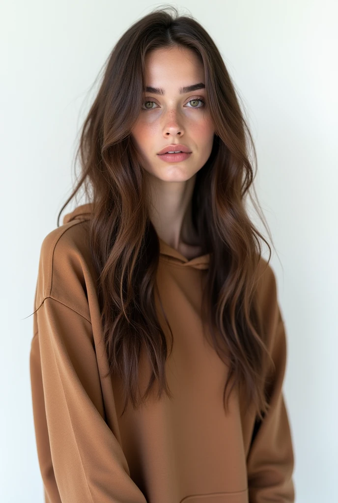 image of lady with long hair, wearing plain brown hoodie, white background 