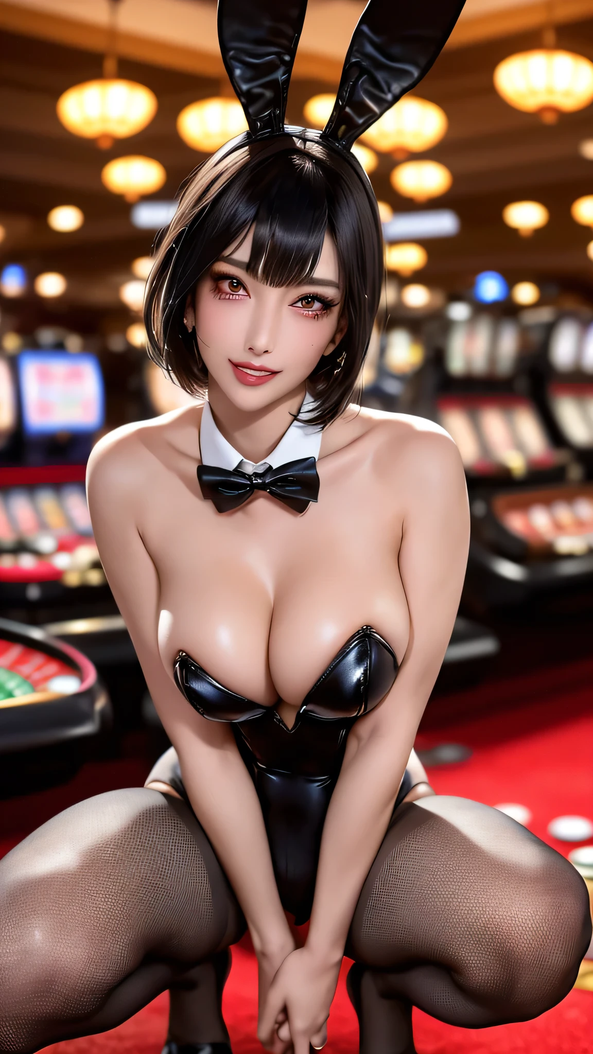 (Highest quality), Realistic, (live-action, Intricate details), ((Japanese woman squatting in a casino, Model body type,Place your arms between your legs)), ((Playboy Bunny, Bunny ears, black Bunny ears, fake Bunny ears, pantyhose, black pantyhose, bow tie, Wrist cuff, Black risqué leotard)), ((:1.4)), (Short black hair:1.3, Short bangs), (neat face, Lips parted), Whiter skin, hard lighting:1.3, Roulette table, Slot Machines, Full Body Shot,Stick your butt out,Ass Focus,Sadistic smile,Fishnet stockings,There is a mole near the mouth,((Puff puff))